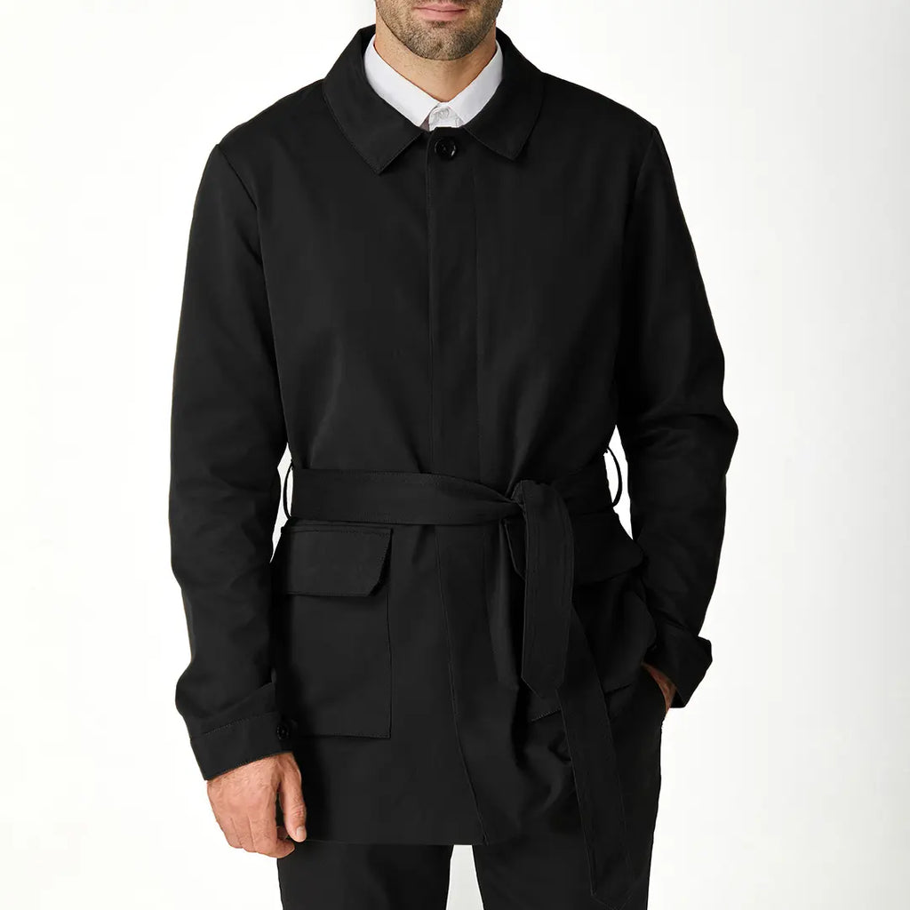 Men's black short trench coat with button front and flap pockets