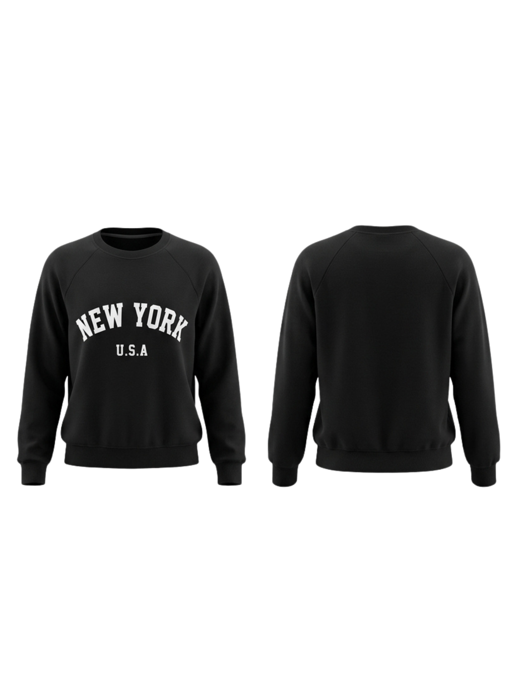Women's black crew neck sweatshirt with white New York USA lettering