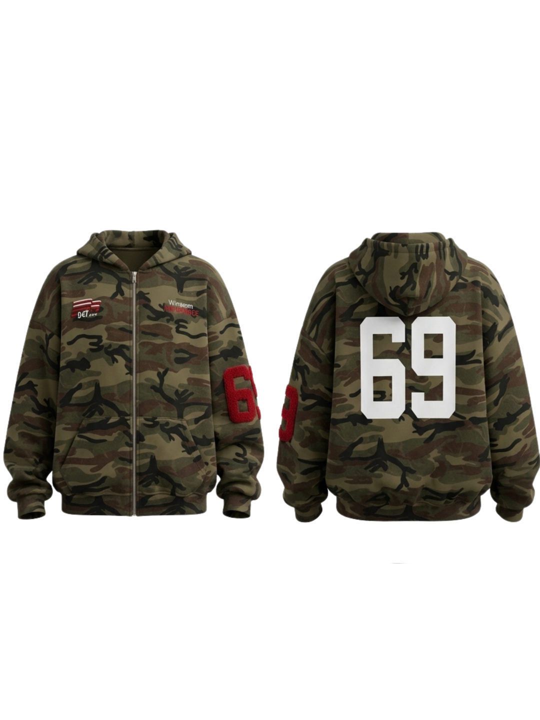Women's olive camouflage hoodie with zip front, hood and graphic details