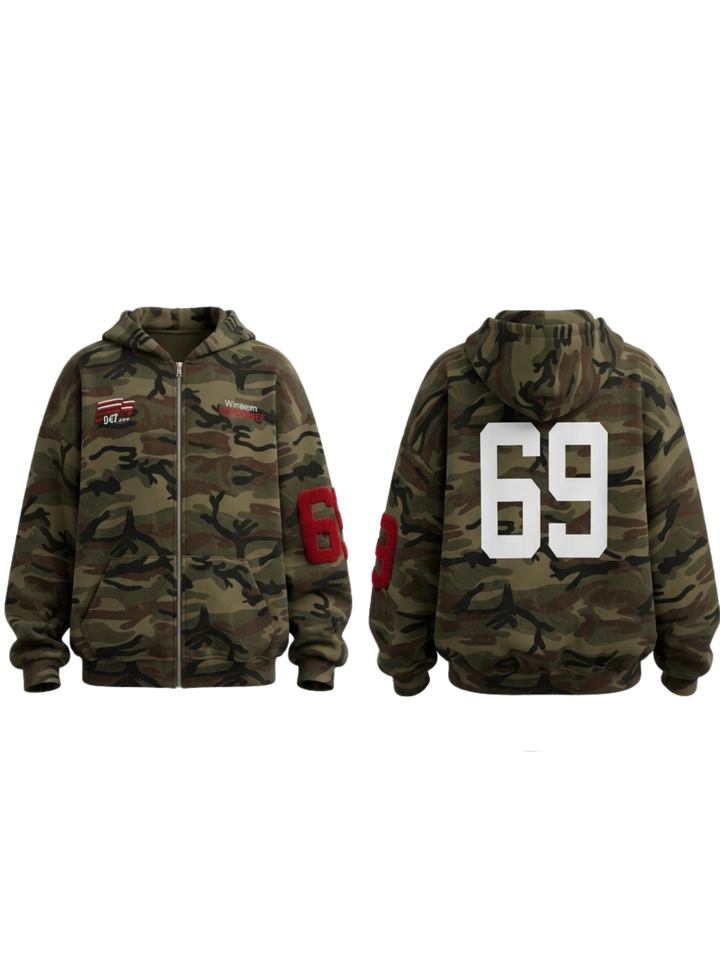 Women's olive camouflage hoodie with zip front, hood and graphic details