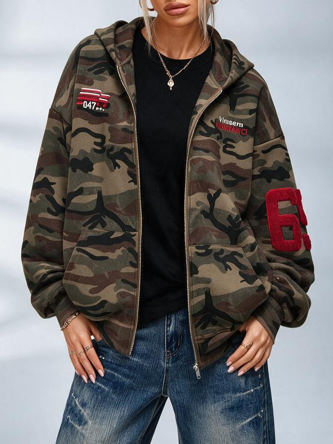 Women's olive camouflage hoodie with zip front, hood and graphic details