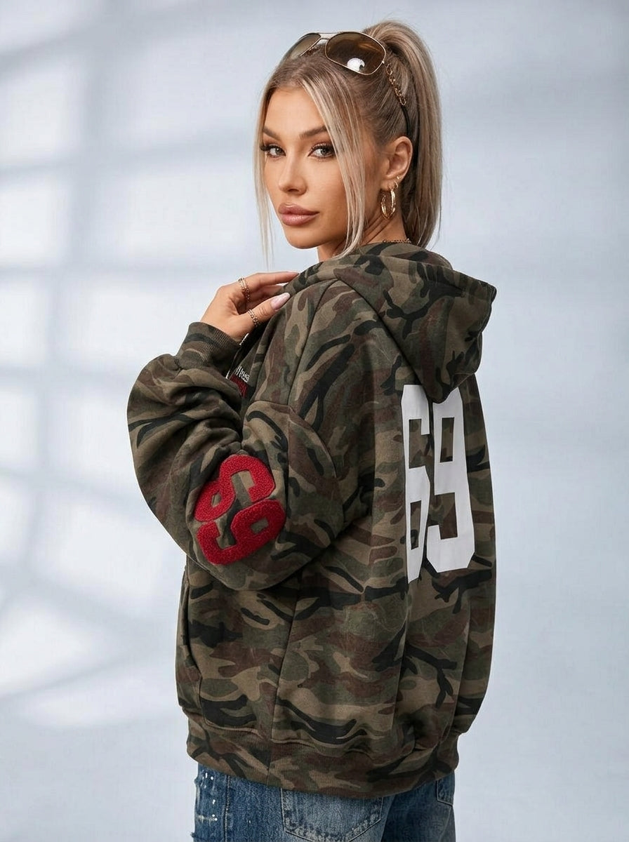 Women's olive camouflage hoodie with zip front, hood and graphic details