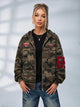 Women's olive camouflage hoodie with zip front, hood and graphic details
