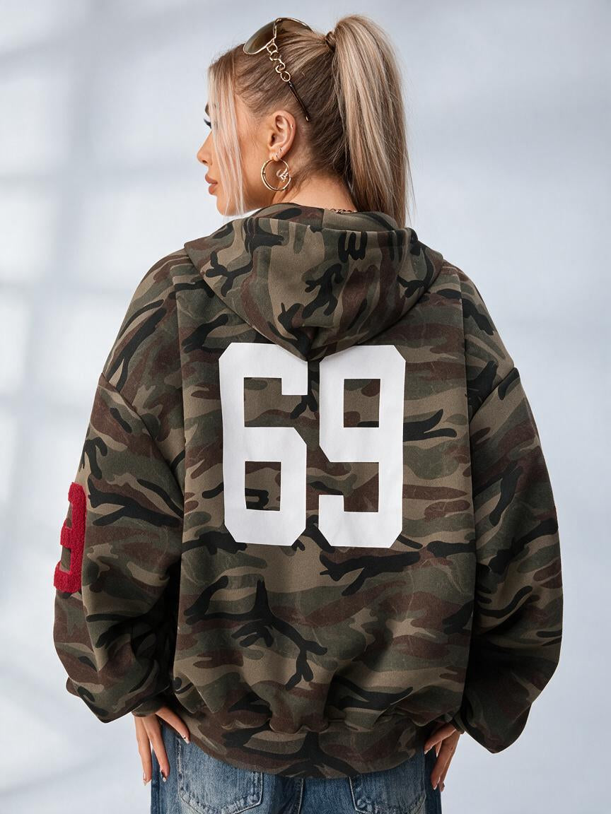 Women's olive camouflage hoodie with zip front, hood and graphic details