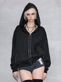 Black oversized hooded hoodie with full zip fastening, stud details and zipped pockets