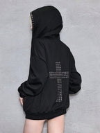Black oversized hooded hoodie with full zip fastening, stud details and zipped pockets