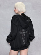 Black oversized hooded hoodie with full zip fastening, stud details and zipped pockets