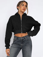 Women's cropped hooded sweatshirt with long sleeves and full front zip