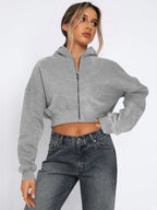 Women's cropped hooded sweatshirt with long sleeves and full front zip