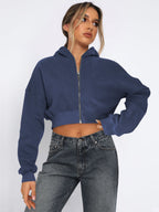 Women's cropped hooded sweatshirt with long sleeves and full front zip