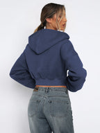 Women's cropped hooded sweatshirt with long sleeves and full front zip