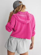 Women's relaxed hooded half-zip hoodie with long sleeves and ribbed trims