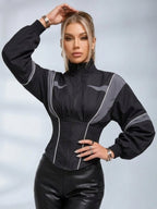Women's black colour block jacket with grey panels, mock neck and cinched waist