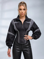 Women's black colour block jacket with grey panels, mock neck and cinched waist
