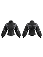 Women's black colour block jacket with grey panels, mock neck and cinched waist
