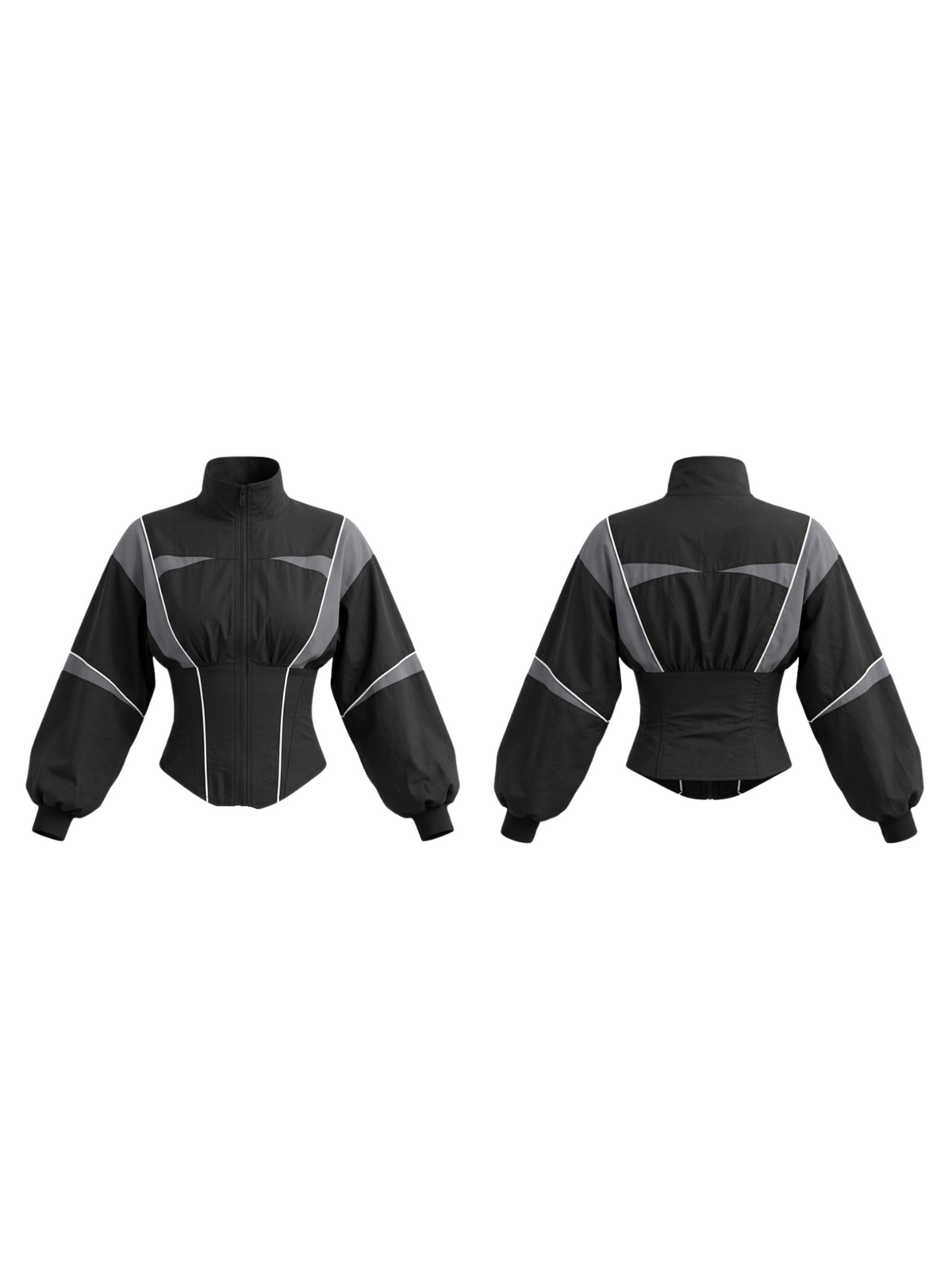 Women's black colour block jacket with grey panels, mock neck and cinched waist