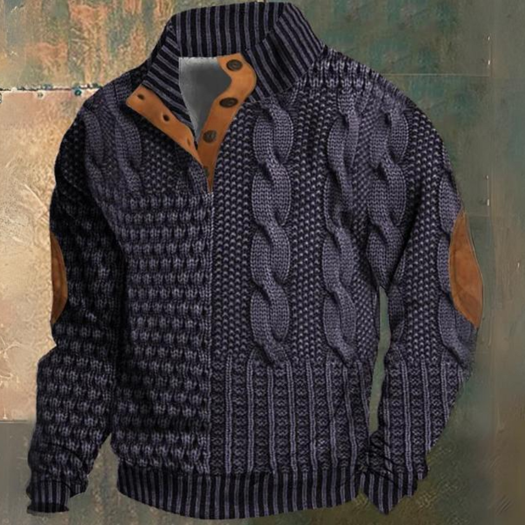 Men's textured cable knit sweater with funnel neck and button opening