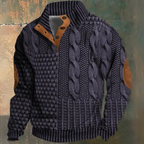 Men's textured cable knit sweater with funnel neck and button opening