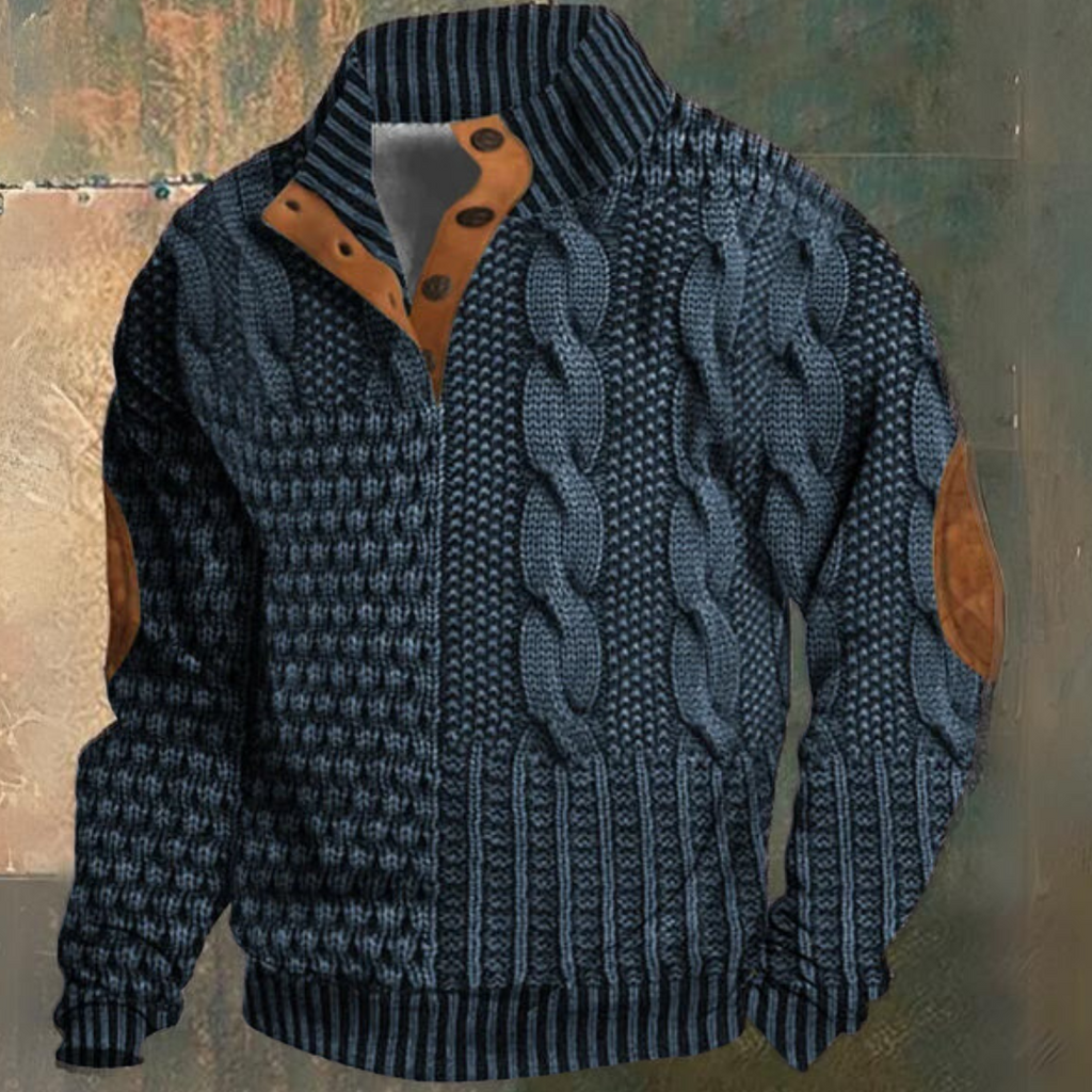 Men's textured cable knit sweater with funnel neck and button opening