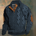 Men's textured cable knit sweater with funnel neck and button opening