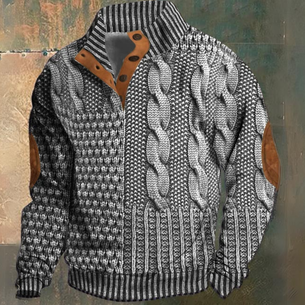 Men's textured cable knit sweater with funnel neck and button opening