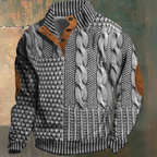 Men's textured cable knit sweater with funnel neck and button opening