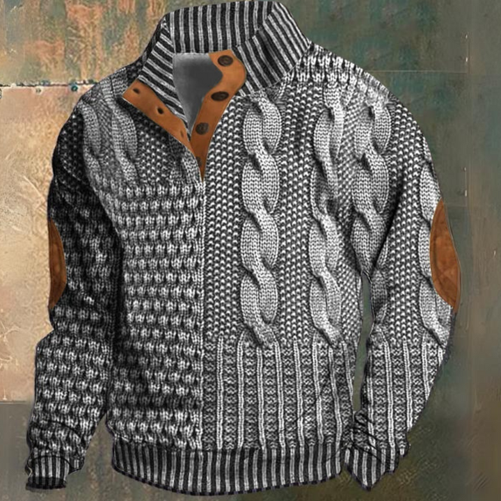 Men's textured cable knit sweater with funnel neck and button opening