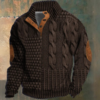 Men's textured cable knit sweater with funnel neck and button opening