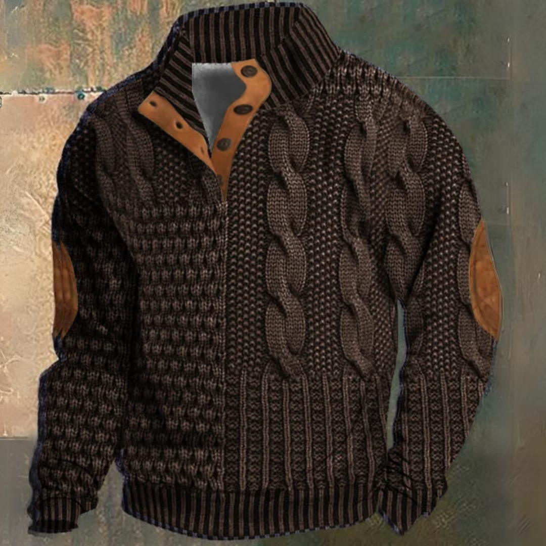 Men's textured cable knit sweater with funnel neck and button opening