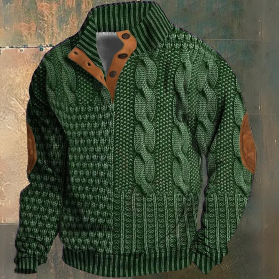 Men's textured cable knit sweater with funnel neck and button opening