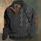 Men's textured cable knit sweater with funnel neck and button opening
