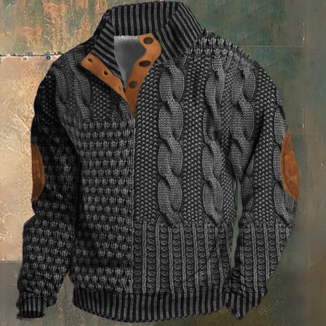 Men's textured cable knit sweater with funnel neck and button opening