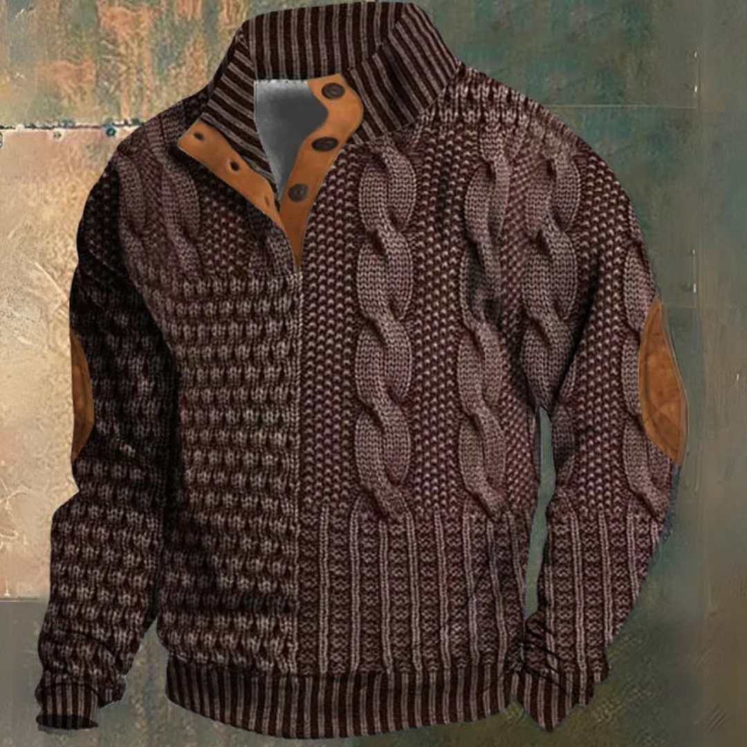 Men's textured cable knit sweater with funnel neck and button opening