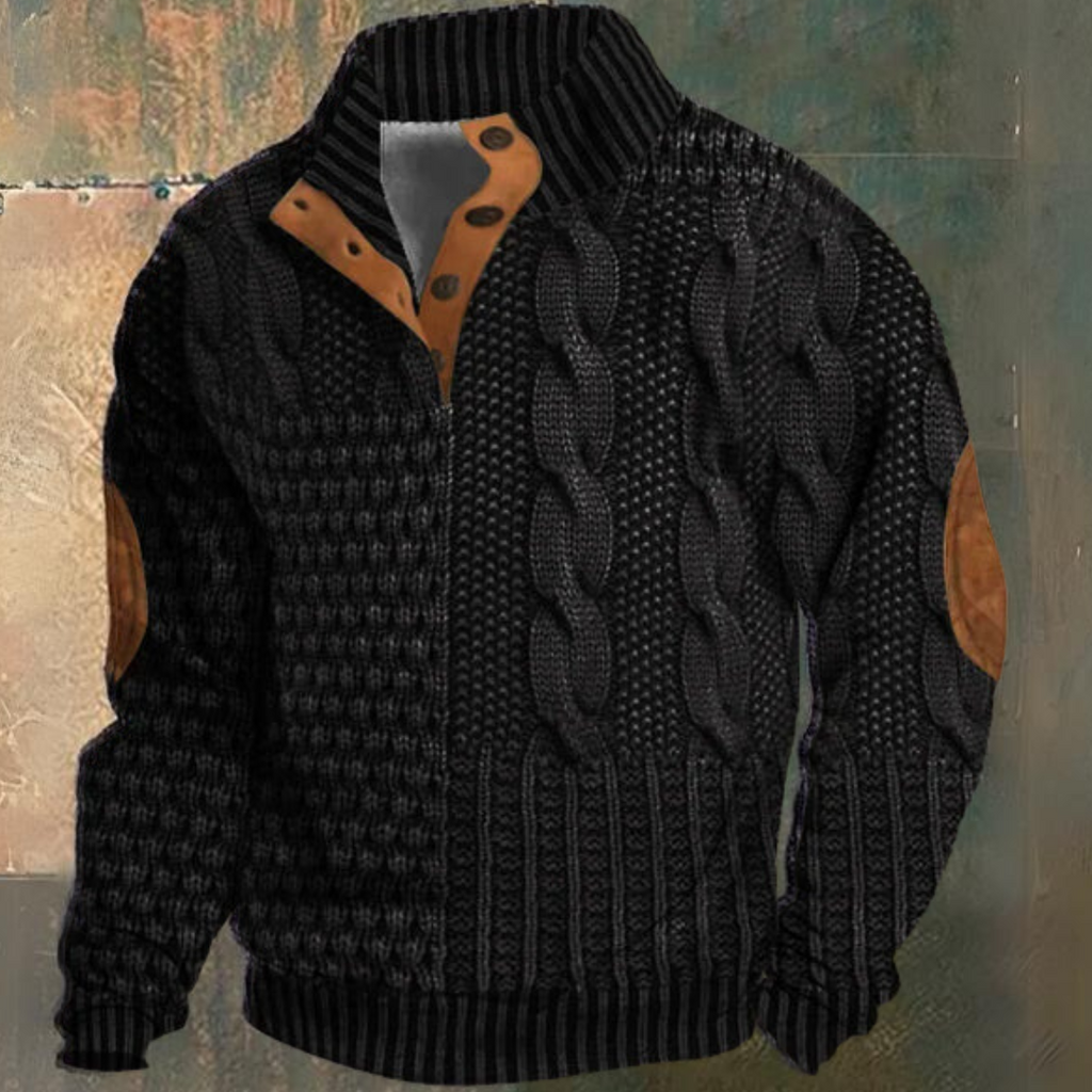 Men's textured cable knit sweater with funnel neck and button opening