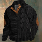 Men's textured cable knit sweater with funnel neck and button opening