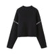 Women's black crew neck knitted sweater with white contrast stitching