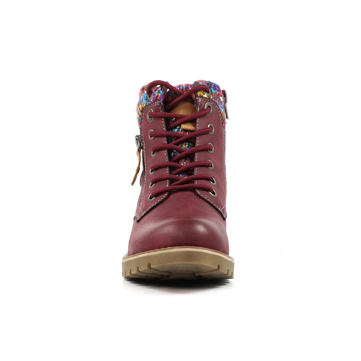 Women's ankle boots with lace-up front, side zip, low heel and multicoloured knitted cuff