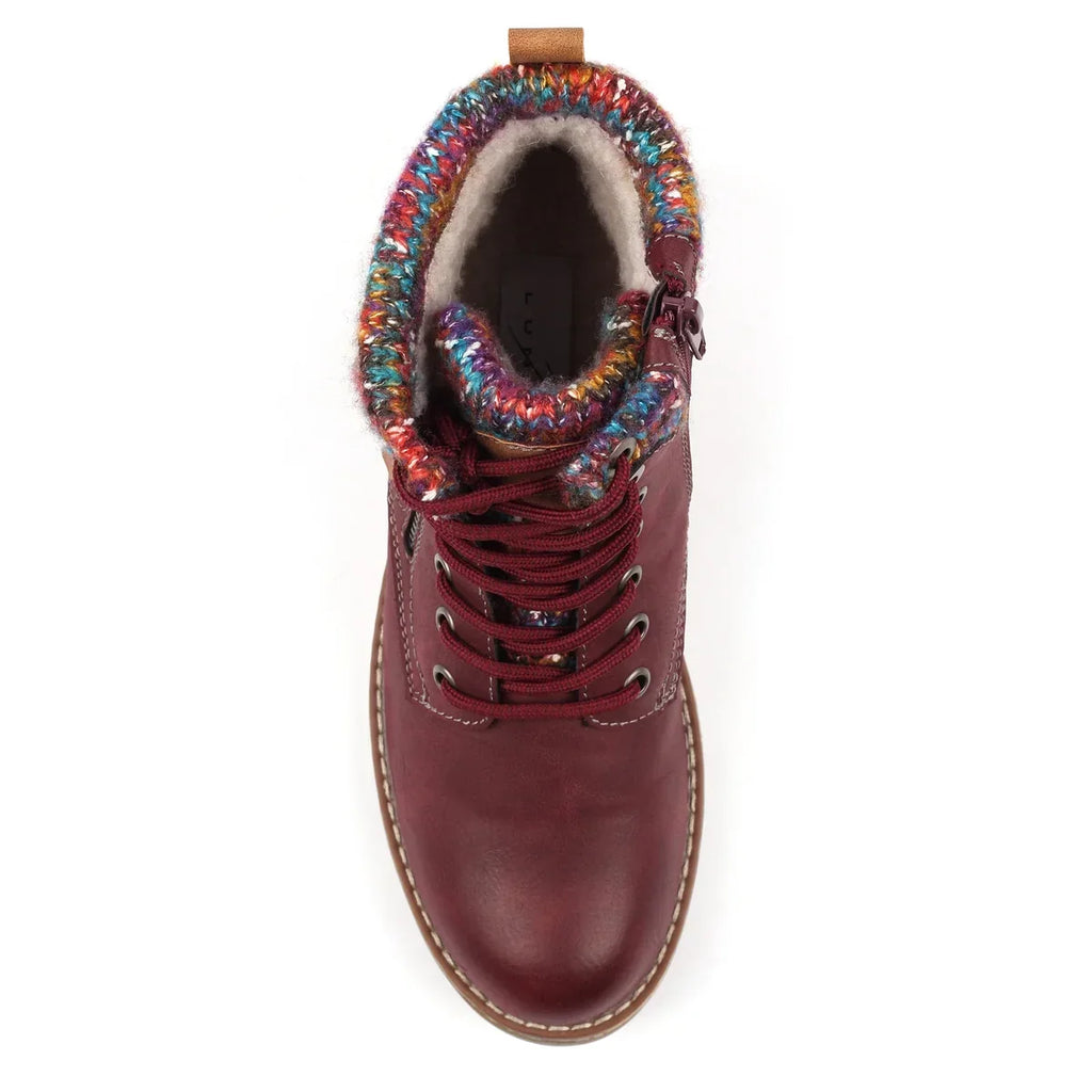 Women's ankle boots with lace-up front, side zip, low heel and multicoloured knitted cuff