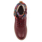 Women's ankle boots with lace-up front, side zip, low heel and multicoloured knitted cuff