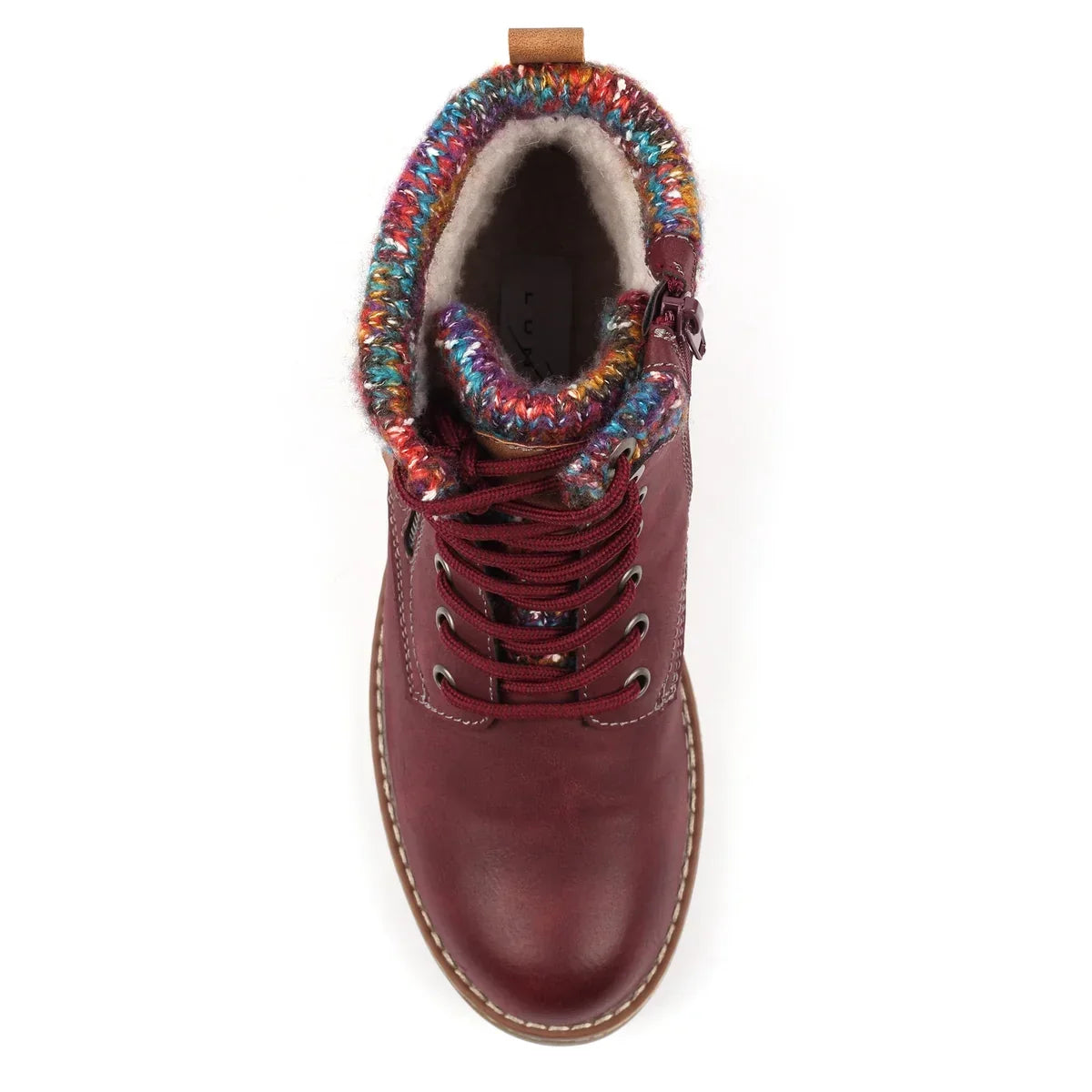 Women's ankle boots with lace-up front, side zip, low heel and multicoloured knitted cuff