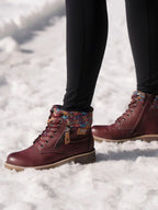 Women's ankle boots with lace-up front, side zip, low heel and multicoloured knitted cuff