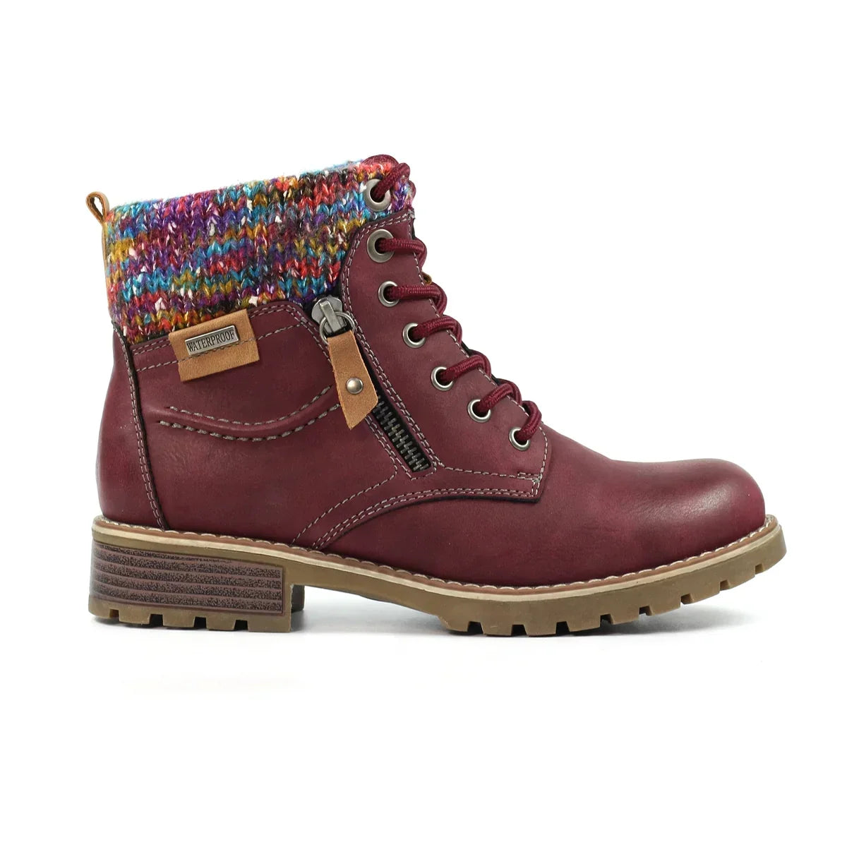 Women's ankle boots with lace-up front, side zip, low heel and multicoloured knitted cuff