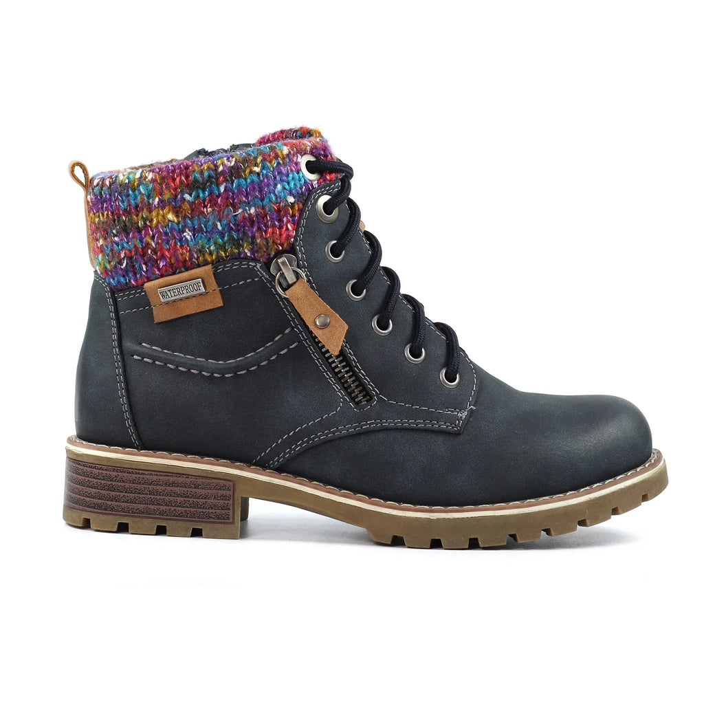 Women's ankle boots with lace-up front, side zip, low heel and multicoloured knitted cuff