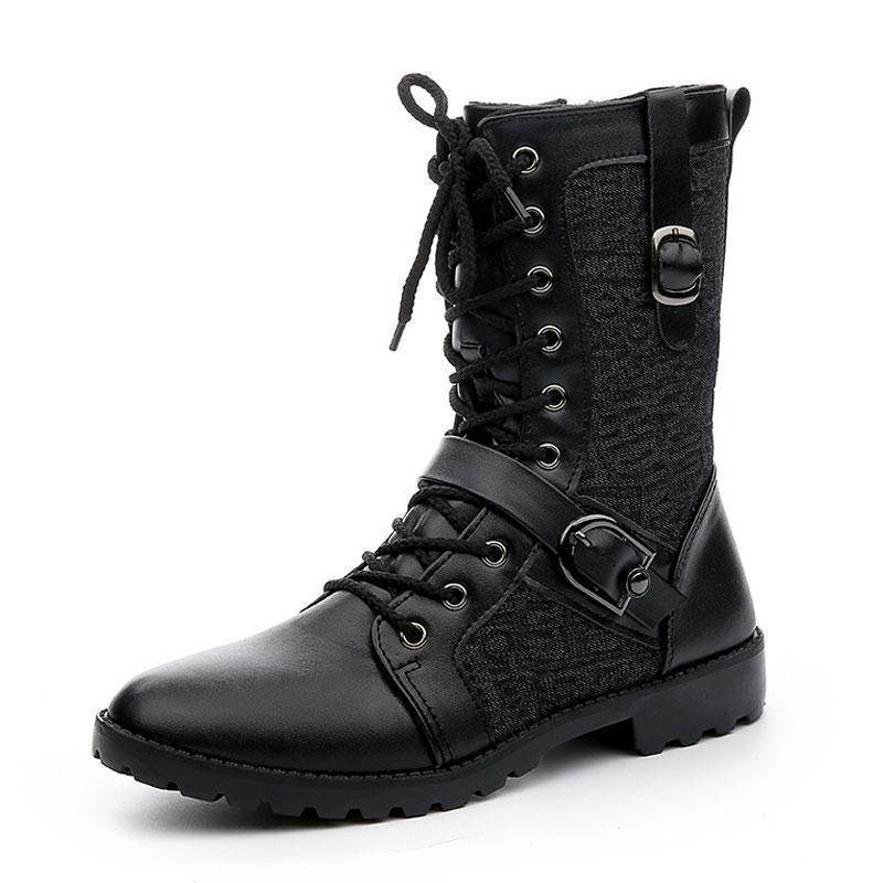Men's black combat boots with lace-up front and buckle straps