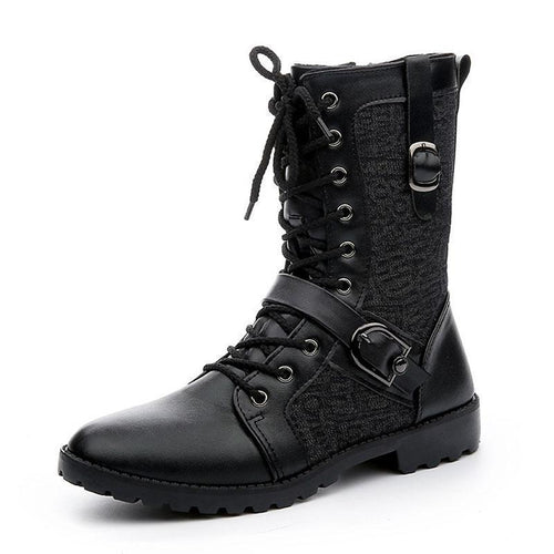 Men's black combat boots with lace-up front and buckle straps