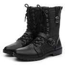 Men's black combat boots with lace-up front and buckle straps