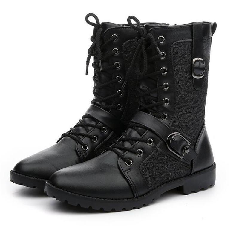 Men's black combat boots with lace-up front and buckle straps