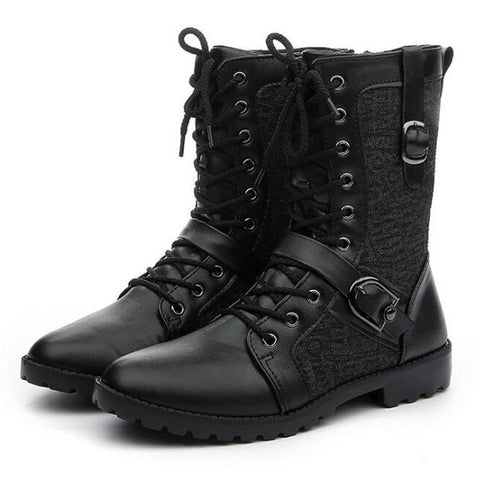 Men's black combat boots with lace-up front and buckle straps