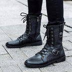 Men's black combat boots with lace-up front and buckle straps