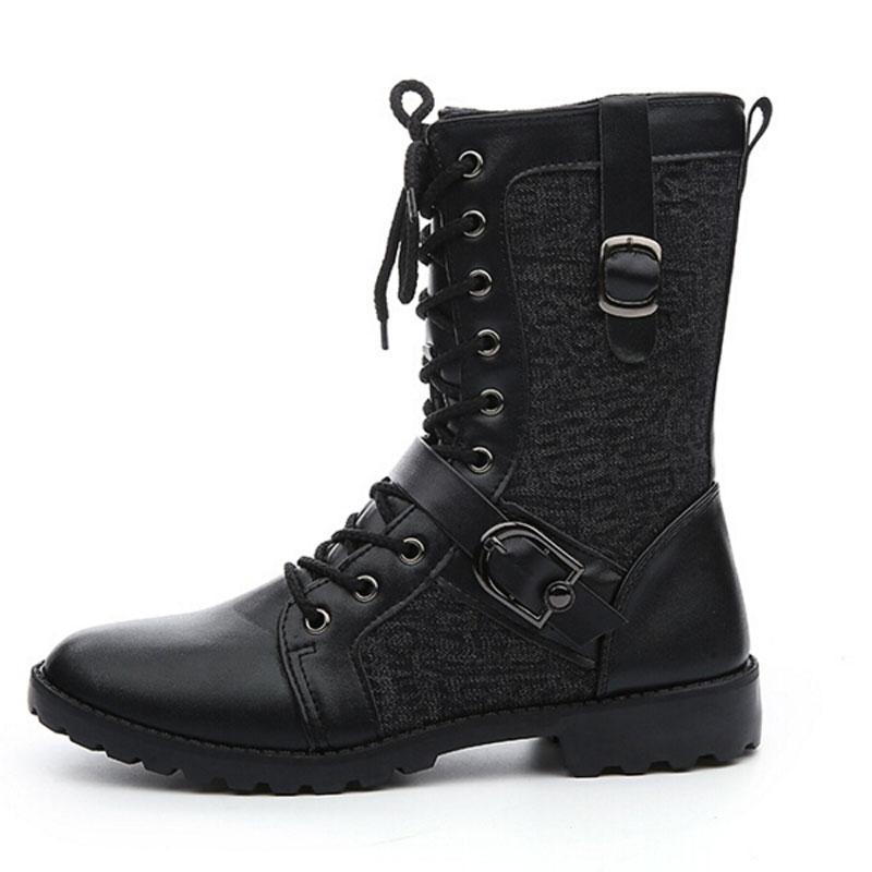 Men's black combat boots with lace-up front and buckle straps